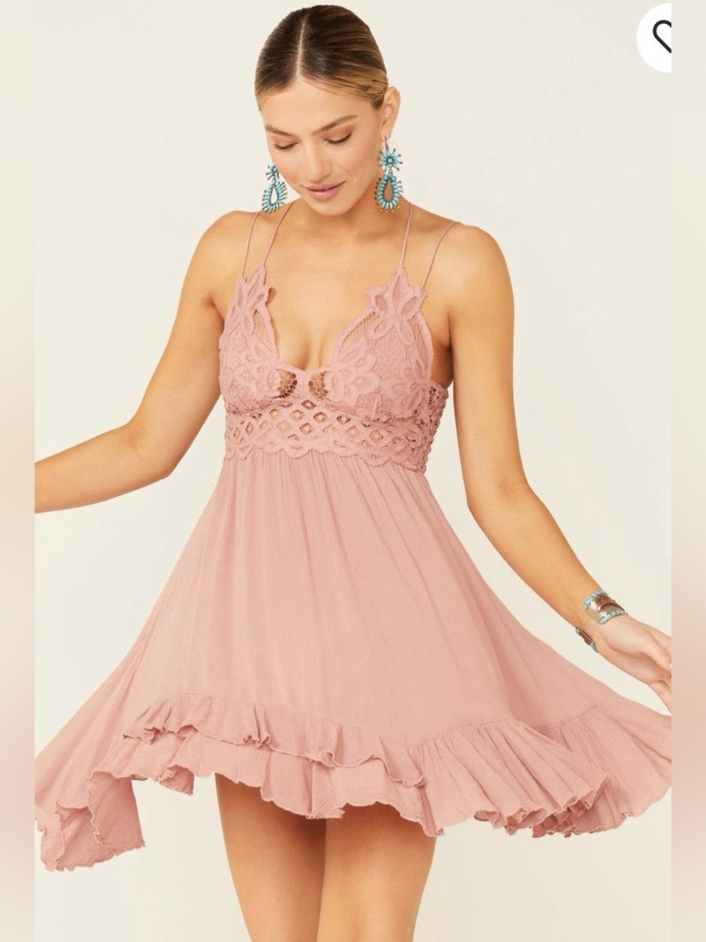 NWT Free People Adella Slip Lace short Dress Plunging Neckline Pink Rose ~ Small